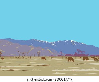 WPA poster art of Monument Peak and East Peak with dairy farm viewed from Gardnerville in Douglas County, Nevada, United States USA done in works project administration style.