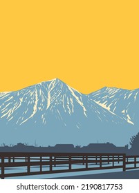 WPA poster art of Monument Peak and East Peak in South Lake Tahoe as viewed from Gardnerville in Douglas County, Nevada, United States USA done in works project administration style.