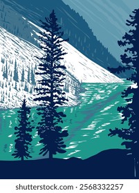 WPA poster art of Moraine Lake situated in the Valley of the Ten Peaks in Banff National Park, Alberta, Canada done in works project administration or federal art project style.