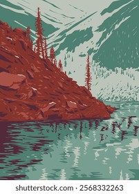 WPA poster art of Moraine Lake situated in the Valley of the Ten Peaks in Banff National Park, Alberta, Canada done in works project administration or federal art project style.