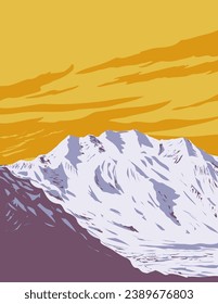 WPA poster art of Mount Blackburn and Kennicott Glacier within Wrangell St Elias National Park and Preserve in Alaska USA done in works project administration or federal art project style.