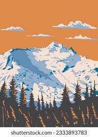 WPA poster art of Mount Daniel during winter in the Enchantments within Alpine Lakes Wilderness of the Cascade Mountain Range in Washington State USA done in works project administration.