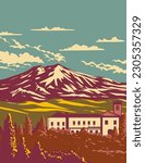 WPA poster art of Mount Etna or simply Etna on the east coast of Sicily in between the cities of Messina and Catania Italy done in works project administration or Art Deco style.