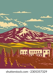 WPA poster art of Mount Etna or simply Etna on the east coast of Sicily in between the cities of Messina and Catania Italy done in works project administration or Art Deco style.