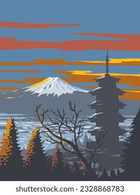 WPA poster art of Mount Fuji and pagoda in winter located on the island of Honshu within the Fuji-Hakone-Izu National Park in Japan done in works project administration or Art Deco style.