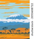 WPA poster art of Mount Kilimanjaro, a dormant volcano in Tanzania the highest mountain in Africa and the highest single free-standing mountain in the world done in works project administration style.
