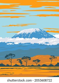 WPA poster art of Mount Kilimanjaro, a dormant volcano in Tanzania the highest mountain in Africa and the highest single free-standing mountain in the world done in works project administration style.