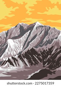 WPA poster art of Mount Logan within Kluane National Park and Reserve in the territory of Yukon, Canada done in works project administration.