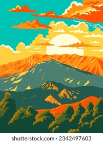 WPA poster art of Mount Parnassus, a mountain range within Parnassos National Woodland Park in central Greece done in works project administration or Art Deco style.