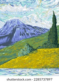 WPA poster art of Mount Richards in Waterton Lakes National Park located in the southwest corner of Alberta, Canada done in works project administration or federal art project style.