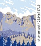 WPA poster art of Mount Rushmore National Memorial with colossal sculpture called Shrine of Democracy in Black Hills near Keystone, South Dakota USA in works project administration or Art Deco style.