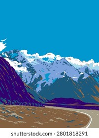 WPA poster art of Mount Sefton within Aoraki Mount Cook National Park in Canterbury Region in the South Island of New Zealand done in works project administration or federal art project style.