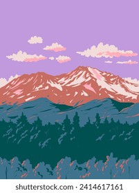 WPA poster art of Mount Shasta volcano in Siskiyou County, Northern California, United States USA done in works project administration or federal art project style.