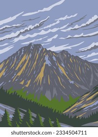 WPA poster art of Mount Stuart in the Enchantments within Alpine Lakes Wilderness area of the Cascade Mountain Range in Washington State, United States of America done in works project administration.