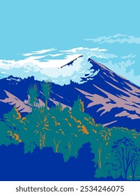 WPA poster art of Mount Taranaki and Fanthams Peak in Egmont National Park localizado em Nova Plymouth da Ilha Norte da Nova Zelândia, feito em obras de administração de projetos ou estilo de projeto de arte federal.