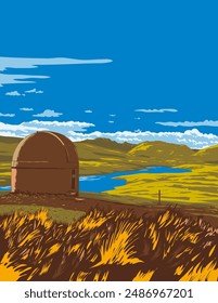 Cartel de arte de la WPA del Observatorio Astronómico del Monte John o del Lago Tekapo, South Island, Nueva Zelanda hecho en la administración de proyectos de obras o estilo de proyectos de arte federal.