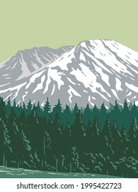 WPA poster art of Mt. Saint Helens in Mount St. Helens National Volcanic Monument located in Gifford Pinchot National Forest, Washington State United States done in works project administration style.