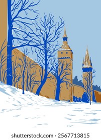 WPA poster art of the Musegg wall or Museggmauer with its nine towers in the town of Lucerne in Switzerland during winter time done in works project administration or federal art project style.