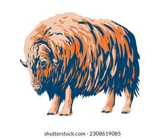 WPA poster art of a muskox musk ox or musk-ox, a hoofed mammal of the family Bovidae native to the Arctic side view isolated done in works project administration or federal art project style.