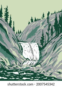 WPA poster art of Mystic Falls, a cascade type waterfall on the Little Firehole River within Yellowstone National Park, Teton County, Wyoming USA done in works project administration style.