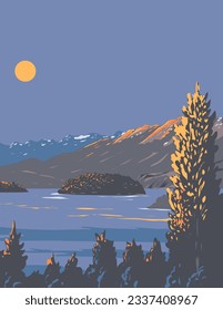 Afiche de WPA del Lago Nahuel Huapi o Lago Nahuel Huapí, un lago andino en el norte de la Patagonia en Argentina hecho en obras de administración de proyectos o estilo Art Deco.