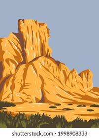 WPA poster art of narrow faulted mountain chains and flat arid valleys or basins within Basin and Range National Monument in Lincoln and Nye county, Nevada, USA in works project administration style.