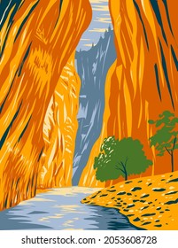 WPA poster art of the Narrows of Zion Canyon situated on the North Fork of the Virgin River in Zion National Park, Utah, United States USA done in works project administration style.