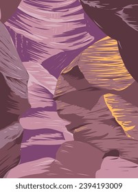 WPA poster art of Navajo Upper Antelope Canyon within Lake Powell Navajo Tribal Park east of Lechee, Arizona USA done in works project administration or federal art project style.