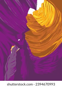 WPA poster art of Navajo Upper Antelope Canyon within Lake Powell Navajo Tribal Park east of Lechee, Arizona USA done in works project administration or federal art project style.