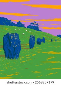 WPA poster art of the Neolithic henge monument stone circles in the northwest sector of Avebury in Wiltshire, England done in works project administration or federal art project style.