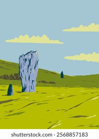 WPA poster art of the Neolithic henge monument stone circles in the northwest sector of Avebury in Wiltshire, England done in works project administration or federal art project style.