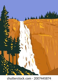 WPA poster art of Nevada Falls on the Merced River below granite dome Liberty Cap west of Little Yosemite Valley in Yosemite National Park, California USA done in works project administration style.