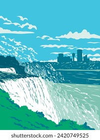 WPA poster art of Niagara Falls on the western bank of the Niagara River in the Golden Horseshoe region of Southern Ontario, Canada done in works project administration or federal art project style.