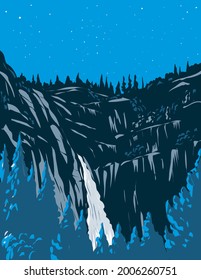 WPA poster art of nighttime at Cascade Falls or The Cascades with rugged Merced River Canyon in Sierra Nevada within Yosemite National Park, California USA done in works project administration style.