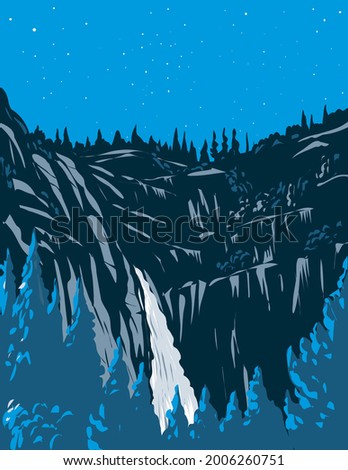 WPA poster art of nighttime at Cascade Falls or The Cascades with rugged Merced River Canyon in Sierra Nevada within Yosemite National Park, California USA done in works project administration style.