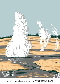 WPA poster art of Norris Geyser Basin the hottest, oldest and most dynamic of Yellowstone's thermal or geothermal areas in Yellowstone National Park Wyoming done in works project administration style.