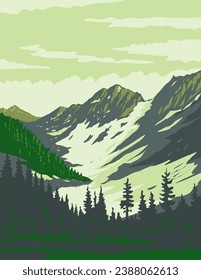 WPA poster art of North Cascades National Park with Magic Mountain and Pelton Peak in northern Washington State USA done in works project administration or federal art project style.