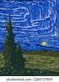 WPA poster art of northern lights in Wapusk National Park with starry night in Hudson Bay in Hudson Plains within Manitoba Canada done in works project administration or federal art project style.
