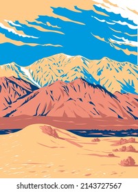 WPA poster art of Olancha Peak on the Tulare-Inyo county line in the South Sierra Wilderness located in Sierra Nevada of California, United States USA done in works project administration style.