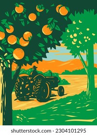 WPA poster art of an orange grove in Central Florida with a farmer driving a vintage tractor and mountains in background done in works project administration or Art Deco style.