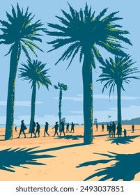 WPA poster art of palm trees and tourists at Barceloneta Beach or Playa de La Barceloneta in Barcelona, Catalonia, Spain done in works project administration or federal art project style.