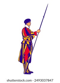 WPA poster art of a Papal or Pontifical Swiss Guard with halberd on isolated background done in works project administration or federal art project style.