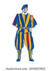 WPA poster art of a Papal or Pontifical Swiss Guard standing attention front view on isolated background done in works project administration or federal art project style.