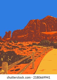 WPA poster art of Park Avenue Trail on Arches Entrance Road in Arches National Park located in Moab, Utah, United States USA done in works project administration style.