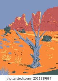 WPA poster art of Park Avenue Rock Formation in Arches National Park in Moab, Utah, United States done in works project administration or federal art project style.