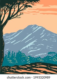 WPA poster art of the peak of Mount Tamalpais or Mount Tam located within Mt. Tamalpais State Park in Marin County, California, United States of America done in works project administration style.