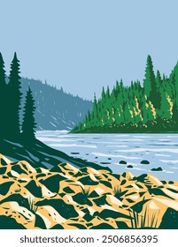 WPA poster art of Pembina River Provincial Park located between Entwistle and Evansburg in central Alberta, Canada done in works project administration or federal art project style.