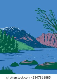 WPA Poster Art of Phelps Lake am Eingang des Death Canyon in Wyoming Vereinigte Staaten von Amerika, getan in der Projektverwaltung oder Art Deco Stil.