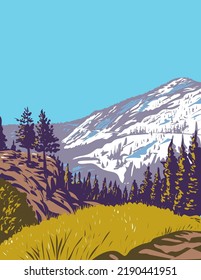 WPA poster art of Phipps Peak in the Sierra Nevada west of Emerald Bay and Lake Tahoe in El Dorado County and the Desolation Wilderness, California, USA done in works project administration style. svg
