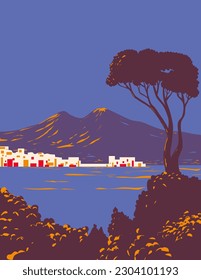 WPA poster art of Pine of Naples with a view of the city and the Gulf or Bay of Naples with Mount Vesuvius in the background at dusk in Italy done in works project administration or Art Deco style.